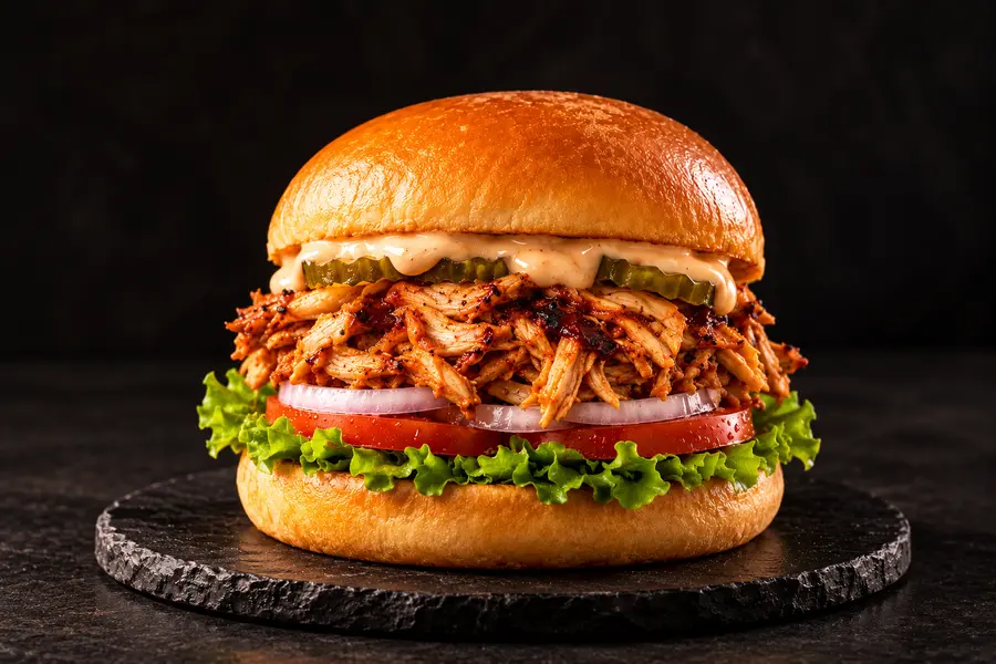 Pulled chicken burger in a brioche bun